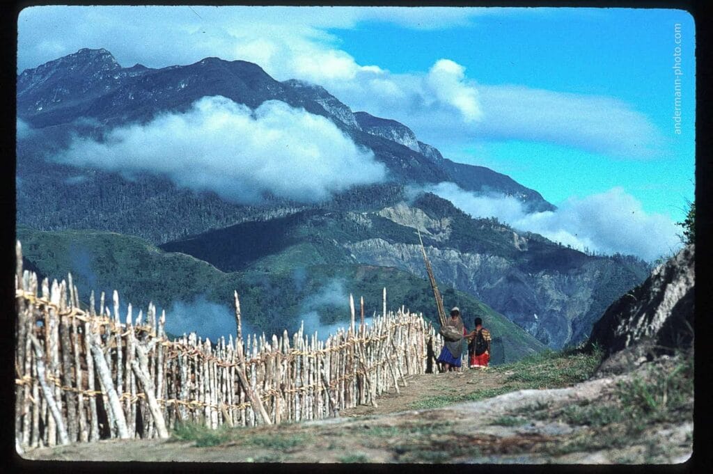 Indígenas Dani que resguardan una rudimentaria barda en el valle de Baliem, cerca de Wamena